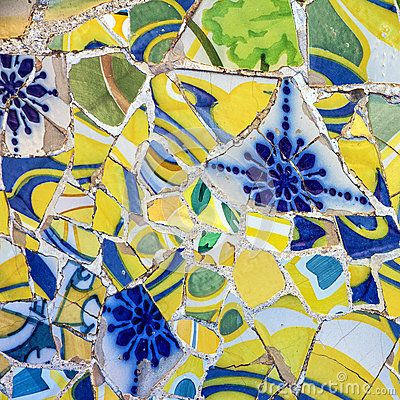 Mosaic tile decoration broken glass, Park Guell, Barcelona, Spain Park Guell Barcelona, Gaudi Mosaic, Tile Decoration, Glass Art Installation, Park Guell, Mosaic Flower Pots, Mosaic Madness, Wine Glass Art, Photo Mosaic