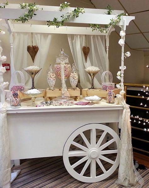 party. Candy Cart Decoration, Wedding Sweet Cart, Princess Baby Shower Cake, Wedding Candy Cart, Cart Display, Flower Carts, Twin Gear, Sweet Cart, Quinceanera Centerpieces