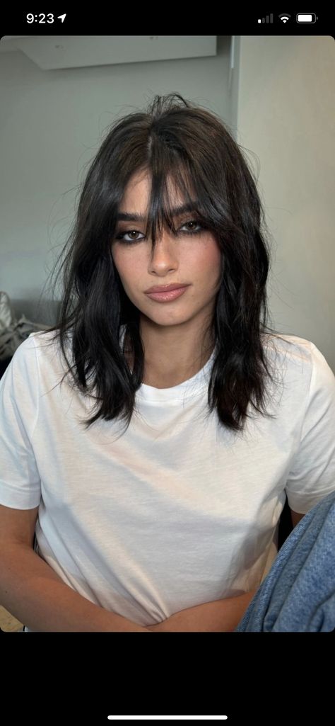 Black Hair Layers Medium With Bangs, Short Hair With Layers Grunge, Shaggy Medium Hair Straight, Types Of Medium Length Haircuts, Rocker Girlfriend Hair, Blowout Without Round Brush, Shaggy Bob Side Bangs, Messy Mullet Women, Medium Hair Layered With Bangs