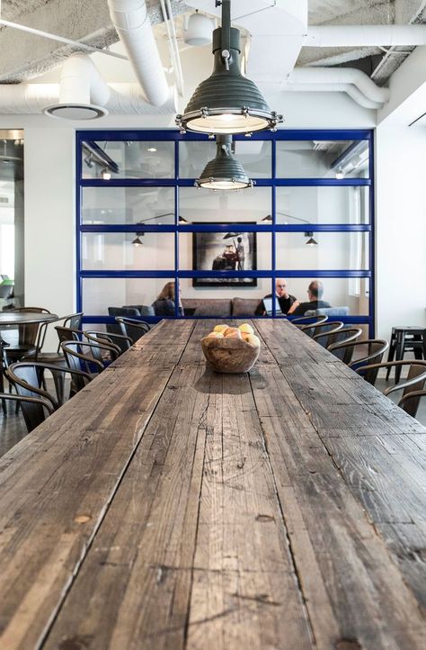 Custom conference table made from reclaimed vintage train boxcar flooring. Rustic Conference Table, Custom Conference Table, Wood Conference Table, Community Table, Rustic Office, Open Ceiling, Workplace Design, Types Of Furniture, Conference Table