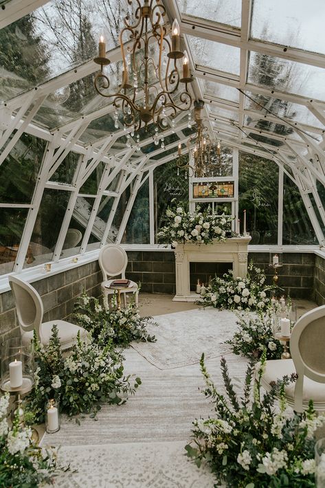 Rose Garden Greenhouse, Fireplace In Greenhouse, Greenhouse For Photography, Greenhouse Studio Photography, Greenhouse Event Space, Greenhouse Photography Studio, Greenhouse With Fireplace, Greenhouse Chapel, Small Greenhouse Wedding