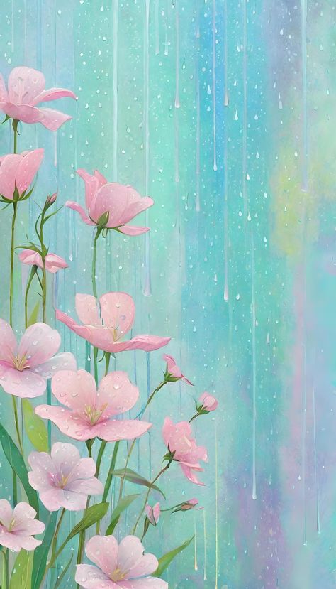 Delicate pink flowers glisten with raindrops, set against the refreshing hues of a soft spring shower. Flower Rain Wallpaper, Flower Rain, Purple Flowers Wallpaper, Rain Wallpapers, Space Phone Wallpaper, Soft Spring, Dreamy Artwork, Flowery Wallpaper, Spring Shower