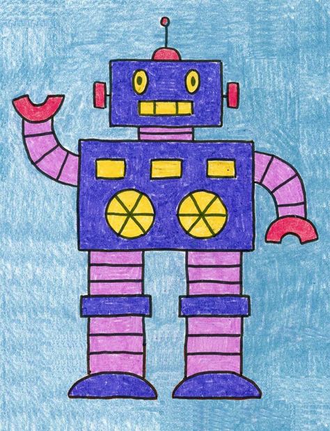 Here’s how to draw a robot, the old-fashioned variety. All those simple shapes are good for those just learning how to draw. Croquis, How To Draw Robots Step By Step, Robot Drawing Easy, Drawings For Boys, How To Draw Robots, Robots Art Drawing, Things To Draw For Kids, Robot Drawing, Shapes For Kids