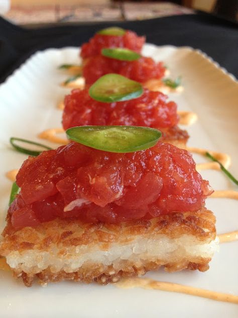 Crispy Rice with Spicy Tuna | Sunday Chicken Dinner Raw Tuna Appetizer, Ahi Tuna Crispy Rice, Raw Tuna Recipes Sashimi, Raw Tuna Recipe, Crispy Rice Spicy Tuna, Sunday Chicken Dinner, Sunday Chicken, Sushi Recipes Homemade, Raw Tuna