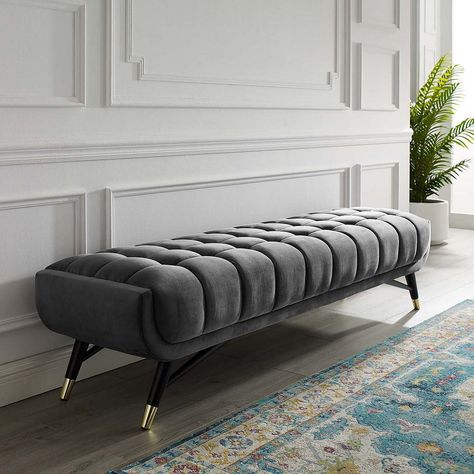 Grey Bedroom Bench, Bedroom Bench Modern, Colour Furniture, Reka Bentuk Ruang Tamu, Modern Grey Bedroom, Reka Bentuk Dalaman, Hotel Floor, تصميم داخلي فاخر, Velvet Bench