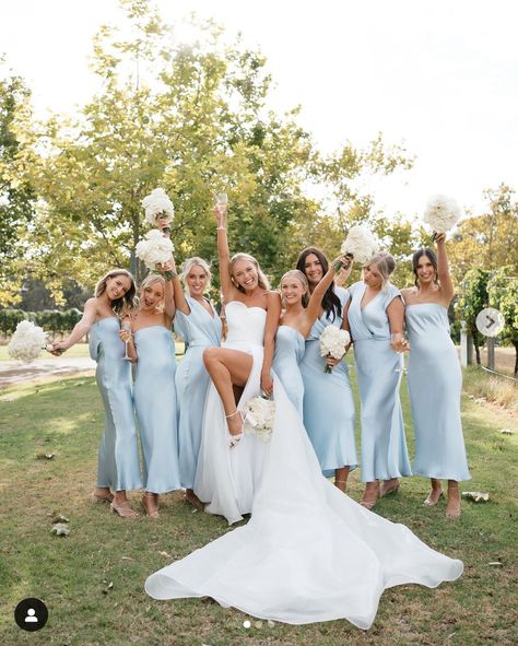 Ash Blue Bridesmaid Dresses, Different Shades Of Blue Bridesmaids, Bridal Party Blue, Pastel Colour Bridesmaid Dresses, Timeless Wedding Theme, Wedding Inspo Elegant, Spring Wedding Bridesmaids, Bridesmaids Blue, Baby Blue Wedding