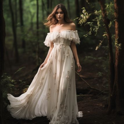 Flowy Embroidered Wedding Dress, Off Shoulder Fairy Dress, Forest Core Wedding Dress, Off Shoulder Beach Wedding Dress, Wedding Gown Cottagecore, Romantic Forest Wedding Dress, Forest Wedding Gown, Simple Forest Wedding Dress, Small Forest Wedding Dress