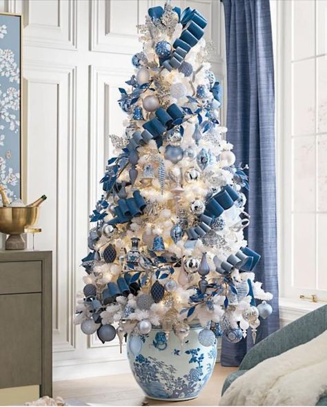 Lovers Of Blue & White Pottery | So pretty! I’m on a mission to use my big chinoiserie planter this year with a smaller size tree | Facebook Christmas Tree Chinoiserie, Porcelain Christmas Tree, Blue White Chinoiserie Christmas, Blue And White Christmas Wedding, Serena And Lily Christmas, Chinoiserie Christmas Tree Ideas, Christmas Blue And White, Blue And White Christmas Decorations, White Blue Christmas Tree