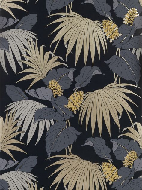 Wallpaper In Black, Black And Beige, Burke Decor, 50th Anniversary, Leaf Pattern, Rolls, Tile, Black, Cinque Terre