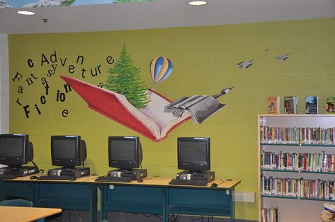 Library Mural, School Library Decor, School Library Displays, 3d Wall Painting, School Wall Art, Elementary Library, School Murals, Library Wall, School Displays