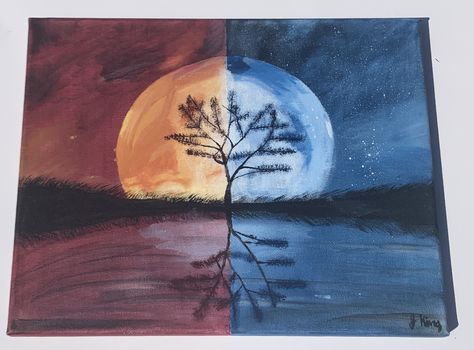 This handmade painting showing half sun half moon on a 11”x14” canvas for $25. Link in bio!   #painting #painter #walldecor #housewarminggift #giftforher #giftforhim #halfandhalfpainting #sunpainting #moonpainting #reflection Day And Night Painting, Moon And Sun Painting, Half Sun Half Moon, Paint Moon, Sun And Moon Painting, Moon Paintings, Acrylic Moon, Half Sun, Sun Drawing