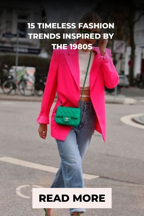 Woman walking down the street wearing a bright pink blazer and blue jeans, epitomizing 1980s fashion with a modern twist. 1980s Blazer Outfit, Puffed Sleeves Outfit, Modern 80s Outfits, 1980 Fashion Trends, The 80s Fashion, Leg Warmers Outfit, 80s Inspired Outfits, 1980s Fashion Trends, 1980 Fashion