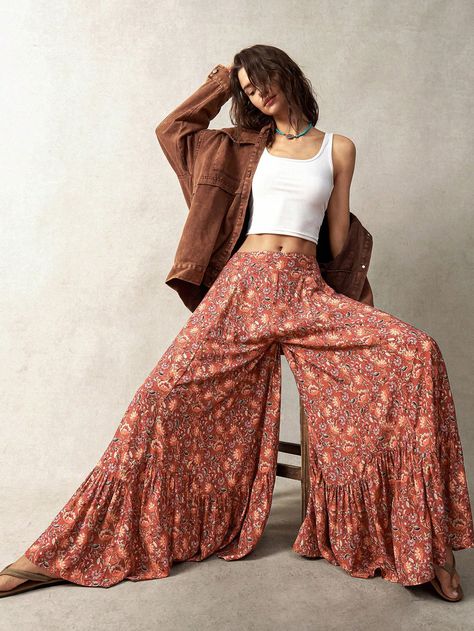 Frauen Urlaub Hose mit floralem Muster und weitem Bein sowie gerüschtem Saum Verschiedenfarbig Böhmisch   Gewebter Stoff Pflanzen,Überalles Muster Breites Bein Undehnbar  Women Clothing, size features are:Bust: ,Length: ,Sleeve Length: Hipster Outfits For Women, Casual Muslim Outfits, Fabric Plants, Hipster Looks, Bohemian Pants, Earthy Outfits, Hippie Pants, Hippie Costume, Estilo Boho Chic