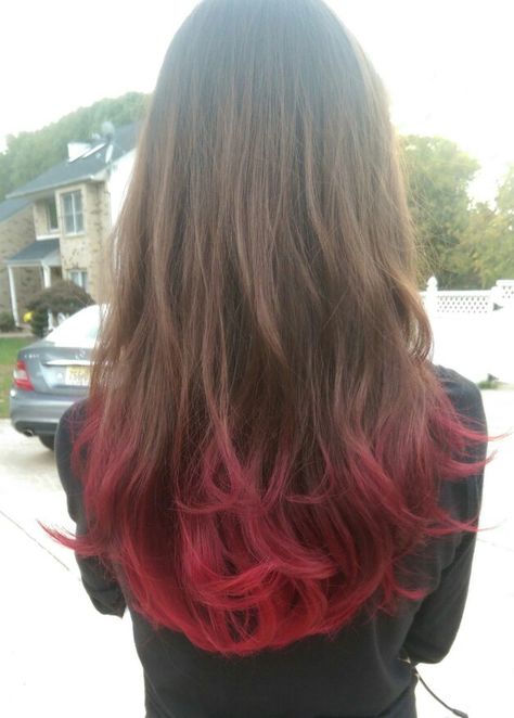 Pink Dip Dye Hair Brown, Brown Hair Pink Ends, Red Hair Ends, Dip Dye Hair Brunette, Red Dip Dye Hair, Red Hair Ombre, Bold Red Hair, Red Hair Fade, Underdye Hair