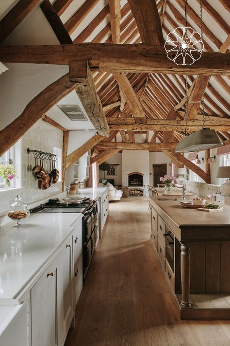 Image of a rustic kitchen interiors in barn conversion by Artichoke Barn Conversion Interiors, Galley Kitchen Design, Exposed Rafters, Bespoke Kitchen Design, Timber Beams, Timeless Kitchen, County House, Oak Kitchen, Barn Conversion