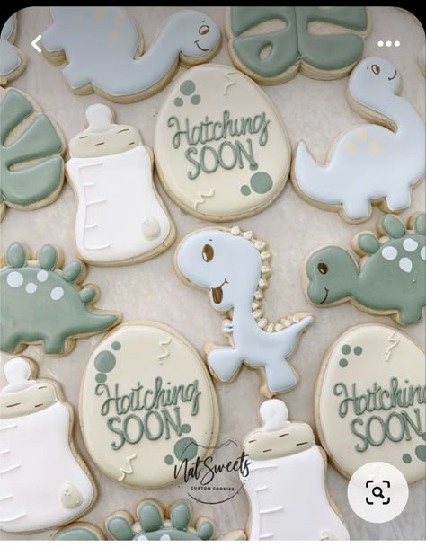 Hatching Soon Cookies, Land Before Time Gender Reveal, Dino Themed Gender Reveal, Greenery Nursery Theme, Baby Boy Shower Cookie Ideas, Baby Dino Baby Shower Ideas, Gender Reveal Ideas Dinosaur, Hatching Soon Cake, Dinosaur Boy Baby Shower Ideas