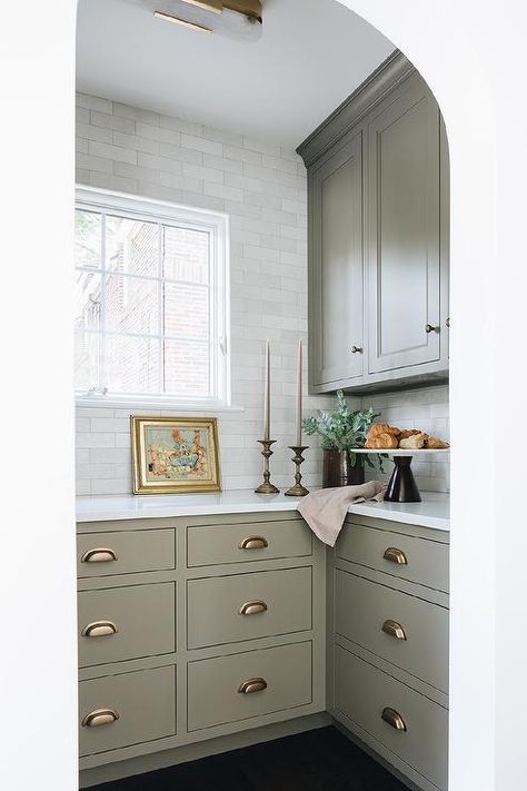 Jean Stoffer Design, Kitchen Color Trends, Jean Stoffer, Kitchen Cabinet Color Ideas, Inset Cabinetry, Painted Kitchen Cabinets Colors, Green Kitchen Cabinets, Diy Pantry, Beautiful Kitchen Designs