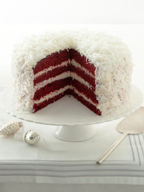 Red Velvet Snowball Cake  - CountryLiving.com Snowball Cake Recipe, Snowball Cake, Coconut Cream Cheese Frosting, Red Velvet Cake Recipe, Velvet Cake Recipes, Homemade Birthday Cakes, Classic Cake, Red Food Coloring, Coconut Cake