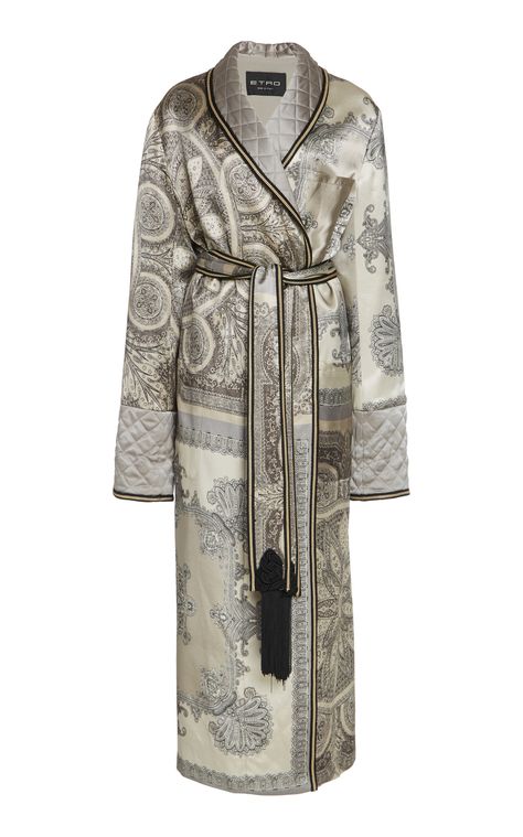 Etro - FW19 | Grey paisley belted satin coat ($4,780) Arabian Outfit, Etro Dress, Elegant Fashion Outfits, Satin Coat, Modern Kimono, Kimono Outfit, Satin Blazer, Satin Jacket, Abayas Fashion