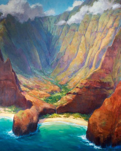 Hawaii Landscape Painting, Napali Coast Kauai, Jenifer Prince, Surf Posters, Hawaii Painting, Hawaii Landscape, Japanese Paintings, Hawaii Kauai, Napali Coast