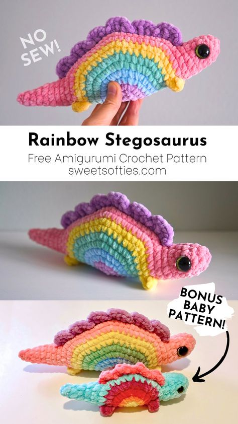 Rainbow Stegosaurus · Free No-Sew Amigurumi Crochet Pattern - Sweet Softies Crochet Flat Amigurumi Free Patterns, Superfine Yarn Crochet Patterns Free, Stegosaurus Crochet Pattern Free, Quick Crochet Toys, Plush Yarn Crochet Patterns Free, Crochet Patterns Gift Ideas, Rainbow Yarn Crochet Ideas, Free Crochet Unicorn Pattern, Free Crochet Patterns No Sew