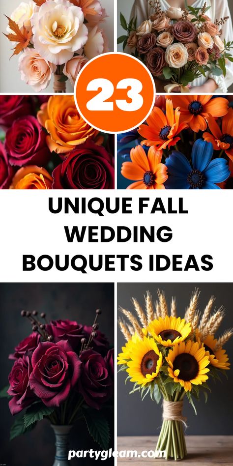 Get inspired for your special day with these 23 unique fall wedding bouquet ideas! From muted pastel arrangements paired with autumn accents to moody dark florals and rustic suns retrievers illuminated by wheat, this collection has something for every autumn couple. Picture a stunning deep burgundy and orange rose bouquet alongside vintage-inspired blooms, or consider a lively combination of burnt orange and navy flowers for flair. Your wedding day deserves the charm of fall in every detail. Fall Sunflower Weddings, Wedding Bouquets Ideas, Orange Rose Bouquet, Unique Fall Wedding, Bouquets Ideas, Muted Pastels, Wedding Bouquet Ideas, Dahlia Bouquet, Sunflower Wedding Bouquet