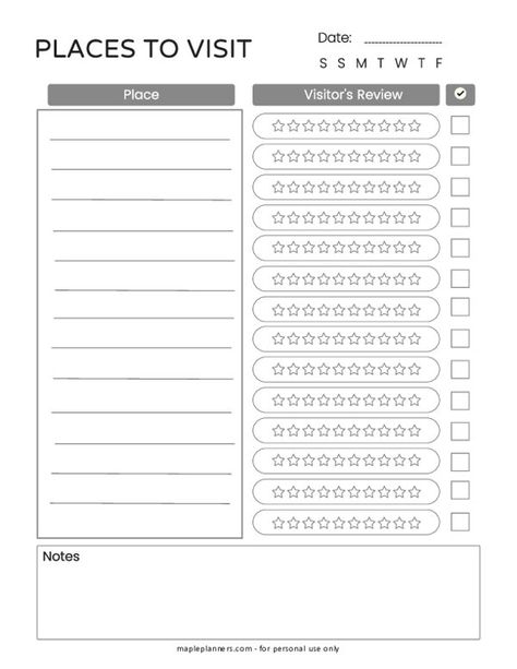 Free Printable Places to Visit Template Road Trip Planning Template, Vehicle Mileage Log Printable, Free Vacation Planner Printable, Free Travel Printables, Trip Planner Template Free Printables, Trip Planner Template, Furniture Business, Travel Planner Template, Travel Printables