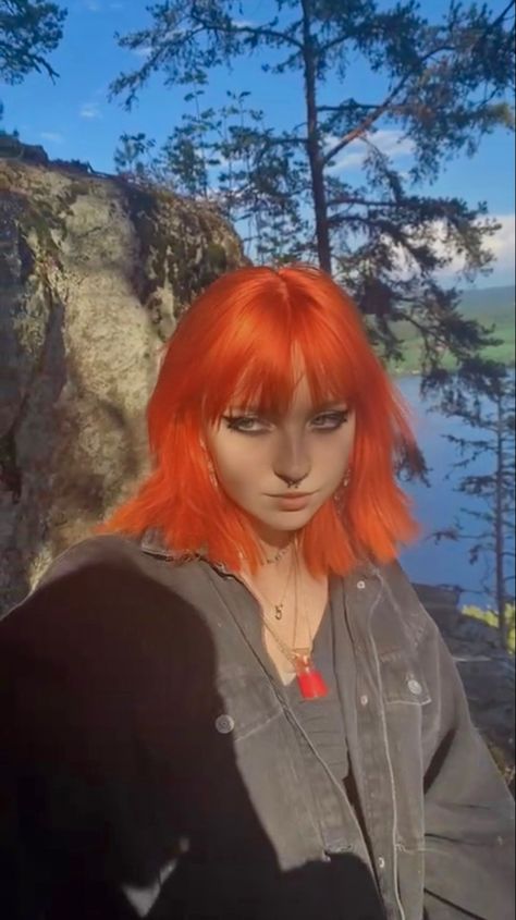 Arctic Fox Orange Sunset, Sunset Orange Hair Color, Orange Hair Hairstyles, Emo Orange Hair, Faded Orange Hair, Bright Orange Hair Aesthetic, Medium Length Orange Hair, Cool Orange Hair, Lesbian Hair Color