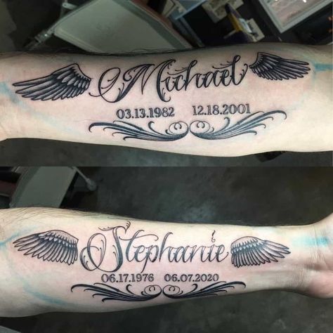 Date and Name Memorial Tattoo 2 Mens Name Tattoos, Tattoo Ideas For Loved Ones Who Passed For Men, Name Tattoos For Men, Tattoos For Someone Who Passed, Rip Tattoos For Dad, Rip Tattoos For Mom, Name Tattoo Ideas, Element Tattoo