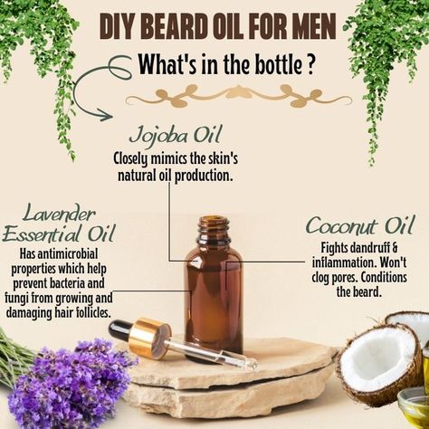 DIY Beard Oil for Men-What's in the bottle? 1. Lavendar essential oil 2. Jojoba Oil 3. Coconut Oil Skin Tightening Oils, Beard Oil Essential Oils, Beard Oil Recipe Diy, Diy Beard Oil, Beard Oil Recipe, Essential Oil For Men, Diy Beard, Diy Essential Oil Recipes, Beard Growth Oil