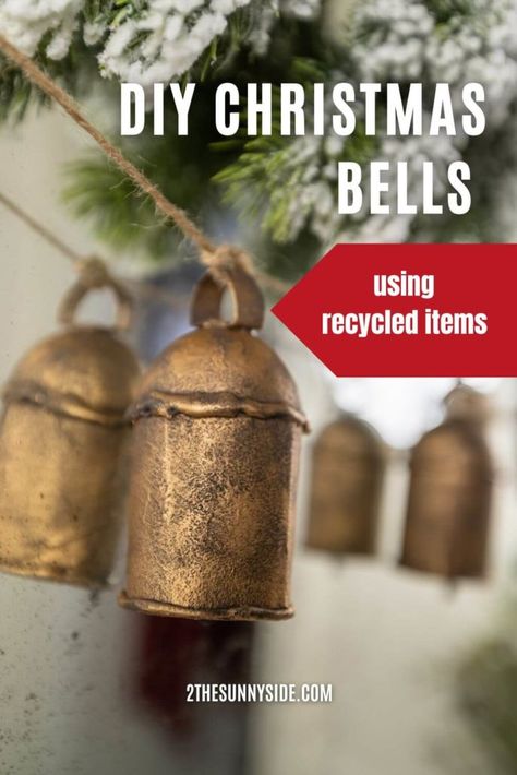 Diy Christmas Rustic Decor, Material Christmas Decorations, Primitive Diy Christmas Decor, Diy Jingle Bell Garland, Rustic Christmas Wreath With Bells, How To Decorate With Bells, Gold Christmas Bells Decorations, Old Skates Christmas Decor, Diy Bell Christmas Decorations