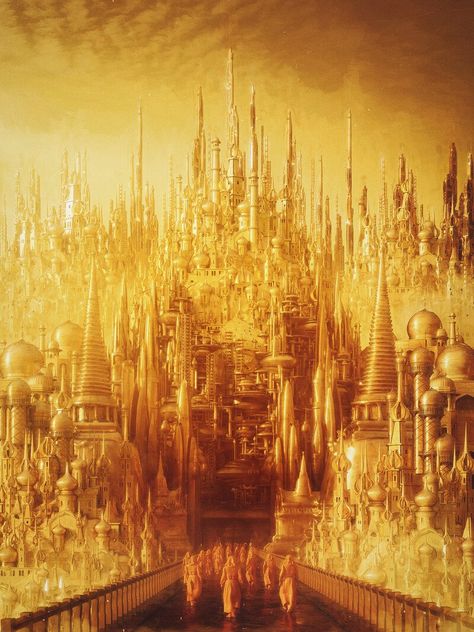 Artist ~ Gal Barkan Galaxy Photos, Gold City, Golden City, Fantasy City, Fantasy Castle, Fantasy Places, Yellow Art, Beautiful Locations Nature, Fantasy Art Landscapes