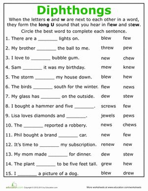 Second Grade Reading & Writing Worksheets: Practice Reading Vowel Diphthongs: ew Grade 3 Phonics Worksheets, Dipthongs Activities Free, Phonics Worksheets Grade 1, Vowel Diphthongs, 2nd Grade Reading Worksheets, 5th Grade Worksheets, Phonics Worksheets Free, Blends Worksheets, Phonics Free