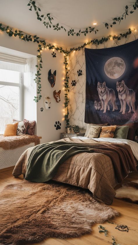 Transform your space into a therian sanctuary with earthy tones, nature-inspired decor, and personal touches that reflect your inner animal spirit. From moonlit aesthetics to forest vibes, create a room that feels like home. 🌙✨ #TherianAesthetic #RoomInspo Therian Bedroom Ideas, Therian Bedroom, Therian Room, Forest Vibes, Personal Altar, Animal Spirit, Nature Inspired Decor, Home Decor Color, Through The Window