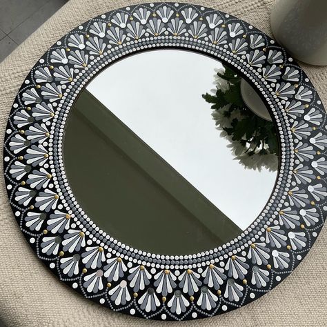 #mirror #mandala Framed Mandala Wall Art, Dot Painting Wall Art, Dot Mandala Mirror Wall Decor, Dot Mandala And Lippan Art, Circular Lippan Art, Mandala On Mirror, Mandala Art Frames On Wall, Mirror Mandala Art On Canvas, Clay Mirror Mandala Art