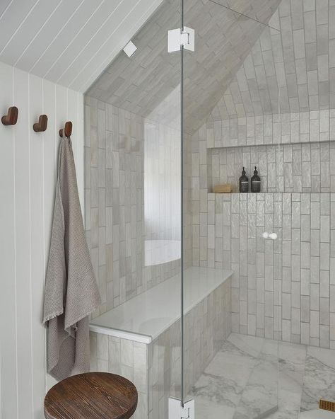 Sloped Ceiling Bathroom, Vertical Shiplap Wall, Wall Outside, Vertical Shiplap, Angled Ceiling, Angled Ceilings, Tiled Floor, Shiplap Wall, Attic Bathroom