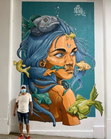 “Lady of the water” by KTHR at Fantasy Lake in Badalona, Spain Fantasy Lake, Sea Murals, Wall Street Art, Italian Street, Psy Art, Wall Murals Painted, Murals Street Art, Graffiti Drawing, Diy Canvas Art Painting