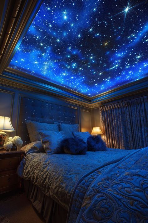 29 Romantic Bedroom Ideas 5 Starry Bedroom Ceiling, Galaxy Ceiling Bedrooms, Night Sky Ceiling Mural, Fabric Ceiling Ideas Bedroom, Sky Ceiling Bedroom, Star Ceiling Bedroom, Star Bedroom Aesthetic, Star Themed Room, Night Room Aesthetic