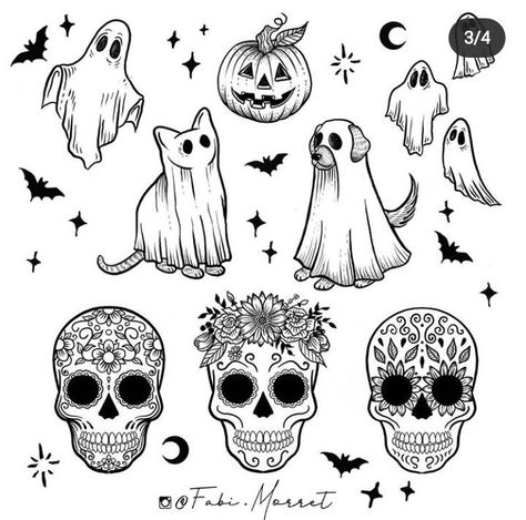 Tattoos Spooky, Halloween Tattoo Flash, Cute Halloween Tattoos, Ghost Tattoo, Flash Tattoo Designs, Flash Sheet, Tattoos Geometric, Spooky Tattoos, Posca Art