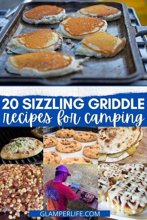 If you love camping, here are 20 reasons to make sure you pack a griddle on your next trip! We actually keep TWO different griddles in our RV - an electric griddle and a cast iron griddle that can go on the grill or over a campfire. Griddle recipes are easy and SO versatile! You can cook up delicious breakfasts, lunches, dinners and even dessert on your griddle top. Check out our post for some great recipe ideas! #camping #rvlife #glamperlife #rv #griddle #recipe Camping Dinners Grill, Best Blackstone Camping Recipes, Dinner On A Griddle, Easy Camping Meals On Griddle, Tailgate Griddle Recipes, Flat Top Grill Recipes Camping, Black Stone Griddle Recipes Camping, Blackstone Grill Recipes For Camping, Camping Food On Griddle