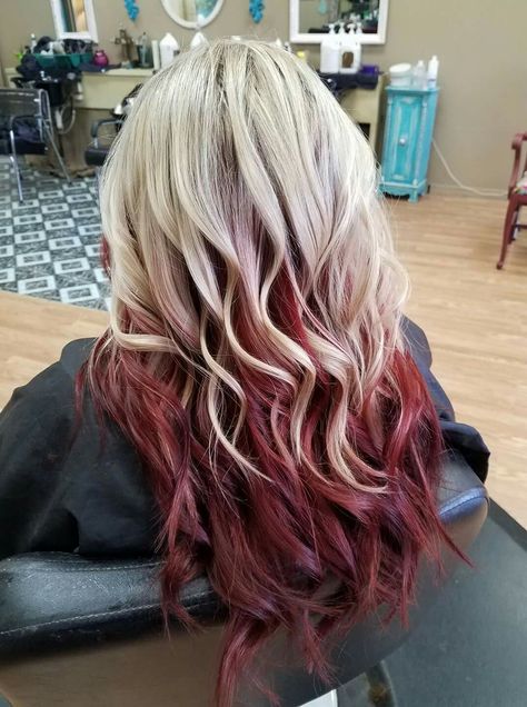 Underdye Hair, Crimson Hair, Red Blonde Hair, White Blonde Hair, Creative Hair Color, Dyed Blonde Hair, Hair Color Burgundy, Red To Blonde, Dark Red Hair