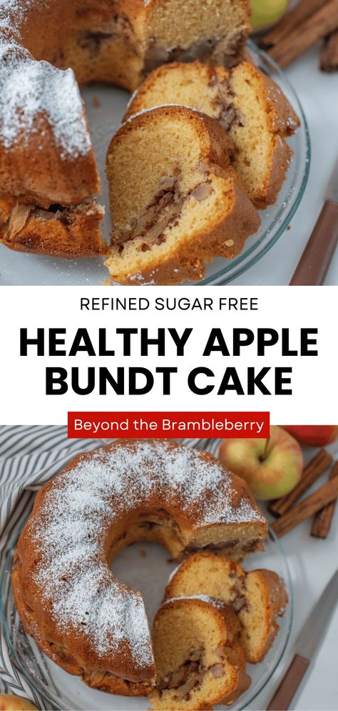 Healthy Apple Bundt Cake (Refined Sugar Free) — Beyond the Brambleberry Keto Apple Cake Recipe, Healthy Apple Bundt Cake, Healthy Bundt Cake Recipes Greek Yogurt, Healthy Pumpkin Bundt Cake, Healthy Honey Cake Recipe, Heath Bar Bundt Cake, Sugar Free Baked Apples, Apple Sauce Cake Healthy, Low Sugar Fall Desserts