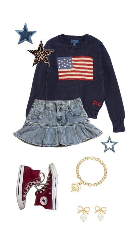 Vintage outfit, polo ralph lauren american flag sweater, pacsun pleated mini skirt, dark red converse, tiffany’s jewelry American Flag Outfit, Dark Red Converse, Ralph Lauren American Flag Sweater, American Flag Clothes, Flag Sweater, American Flag Sweater, Flag Outfit, Red Converse, S Jewelry