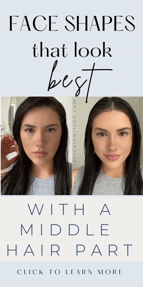 Guide to figuring out which hair part works best for face shape From Side Part To Middle Part, Middle Part Or Side Part Hair, How To Part Your Hair Face Shapes, Hair Parts For Widows Peak Women, Earrings For Long Face Shape, Haircuts For Long Hair Square Face, Middle Part Vs Side Part Hairstyles, Fringe For Heart Shaped Face, Side Or Middle Part Hair