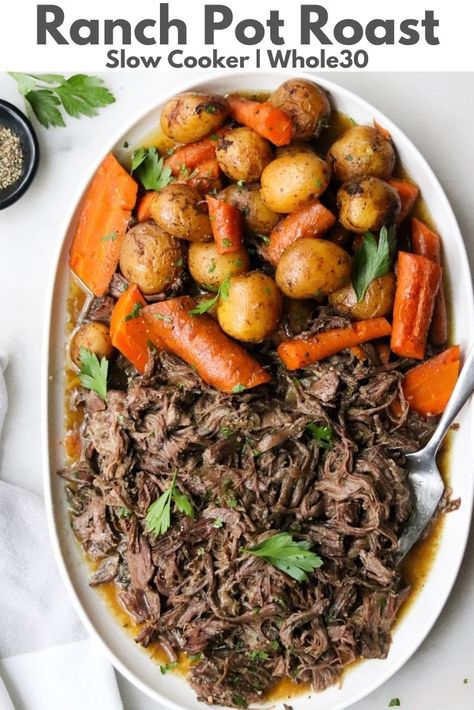 Ultra tender Slow Cooker Ranch Pot Roast, flavored with herby, zesty ranch seasoning and served with plenty of root vegetables. It's a simple dump and start recipe that's Whole30 & Paleo, with an easy Keto adaptation. You'll LOVE this spin on classic pot roast, and you'll LOVE how easy it is to make a wonderful dinner in the crock pot! #cookathomemom #slowcookerrecipes #whole30recipes Ranch Pot Roast, Roast Crock Pot, Crock Pot Roast, Crockpot Pot Roast, Panini Recipes Chicken, Pot Roast Crock Pot Recipes, Classic Pot Roast, Pot Roast Recipe, Ranch Dressing Recipe