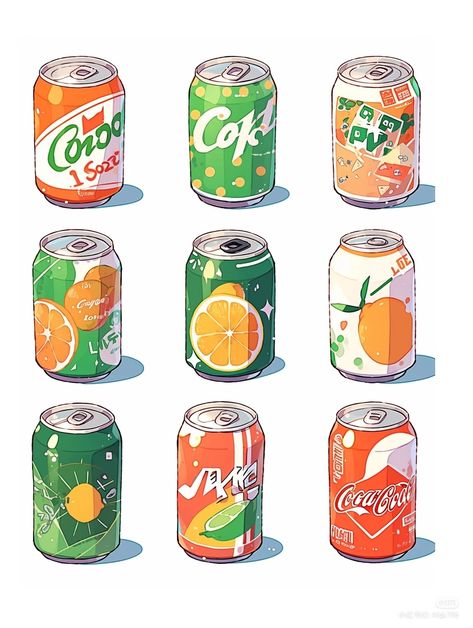 Canned Food Drawing, Can Illustration Soda, Soda Can Reference, Cans Illustrations, Soda Can Illustration, Soda Can Drawing, Beverage Drawing, Soda Drawing, Snacks Illustration