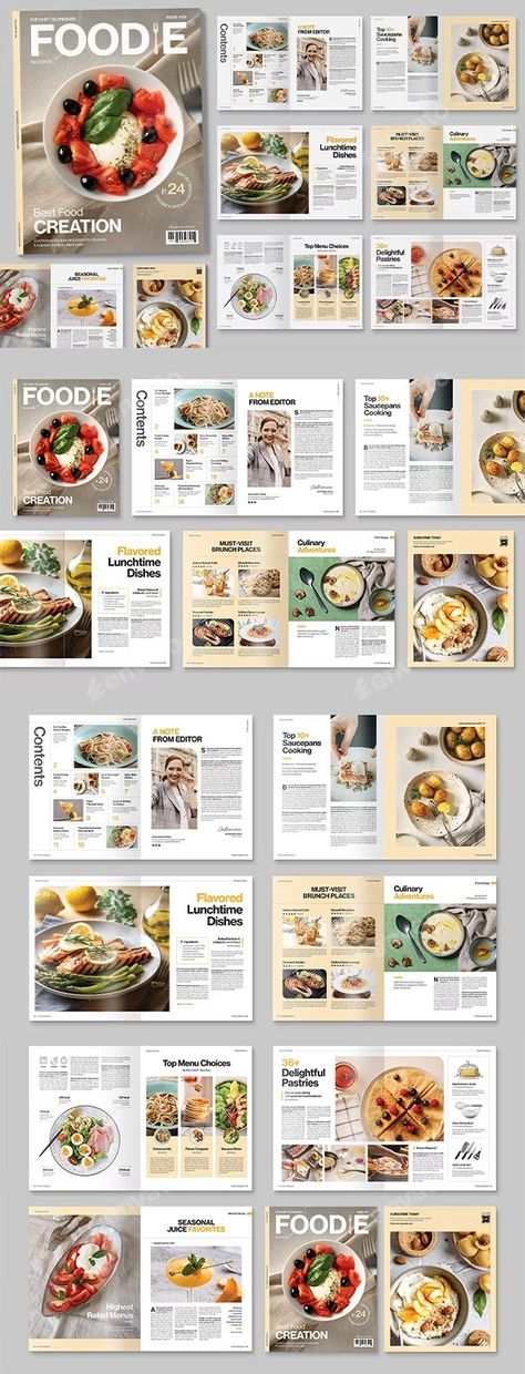 Food & Cooking Magazine Template, Print Templates | GraphicRiver Food Magazine Layout Design, Food Magazine Design, Food Zine, Food Magazine Layout, Mandarine Recipes, Food Catalog, Cooking Magazine, 잡지 레이아웃, Cookbook Design