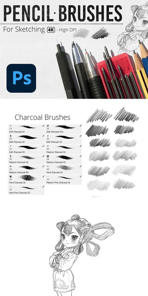 This a collection of more than 50 brushes for Photoshop, for natural sketching and drawing with pencils.

Brushes have been created to simulate the effect of pencils on paper. There are 4 groups of brushes, and they have been created to work with high resolution images and give natural feel. Hessen, Photoshop Pencil Brush, Adobe Photoshop Brushes, Pencil Brush Csp, Adobe Fresco Brushes, Photoshop Brushes Free Download, Csp Brushes Free, Procreate Pencil Brush, Free Brushes For Photoshop