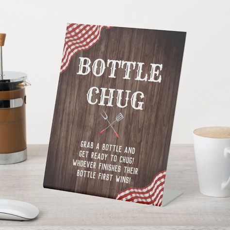 Baby Q BBQ Baby Shower Bottle Chug Game Sign - Great Barbecue Baby Q Baby Shower Theme, Diaper Keg Games, Babyque Shower Ideas Decorations, Bottle Chug Game, Baby Shower Barbeque, Baby Bbq Shower, Babyque Shower, Babyq Shower, Bbq Baby Shower Decorations