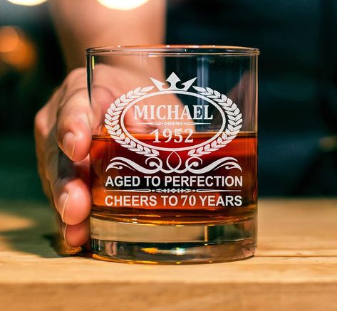 Glass For Men, Personalized Whiskey Glasses, Personalized Whiskey Glass, Personalized Whiskey, Whiskey Glass, Whiskey Glasses, Aged To Perfection, Birthday Gift For Him, Cocktail Glass